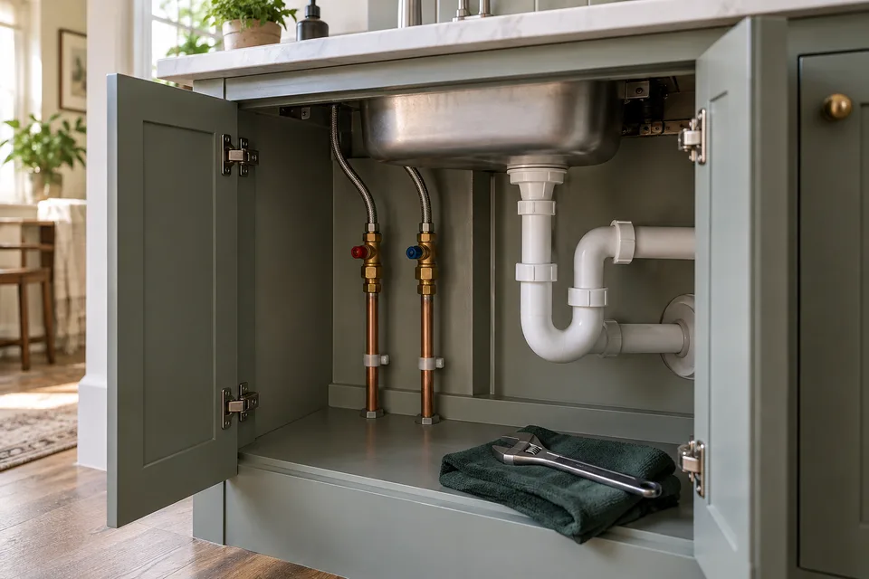 Copper supply pipes and waste trap beneath a kitchen sink